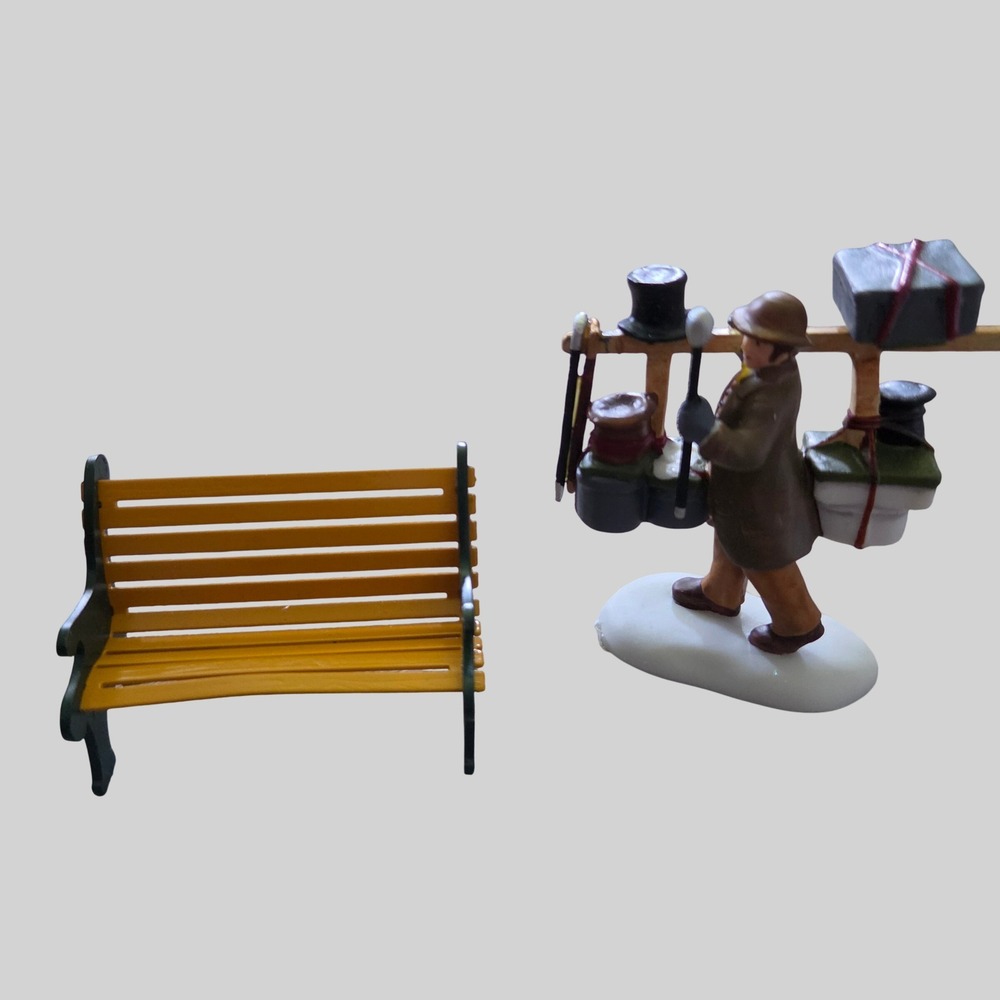 Department‎ 56 Dickens Village Hat Seller Figurine and Yellow Park Bench Lot VTG